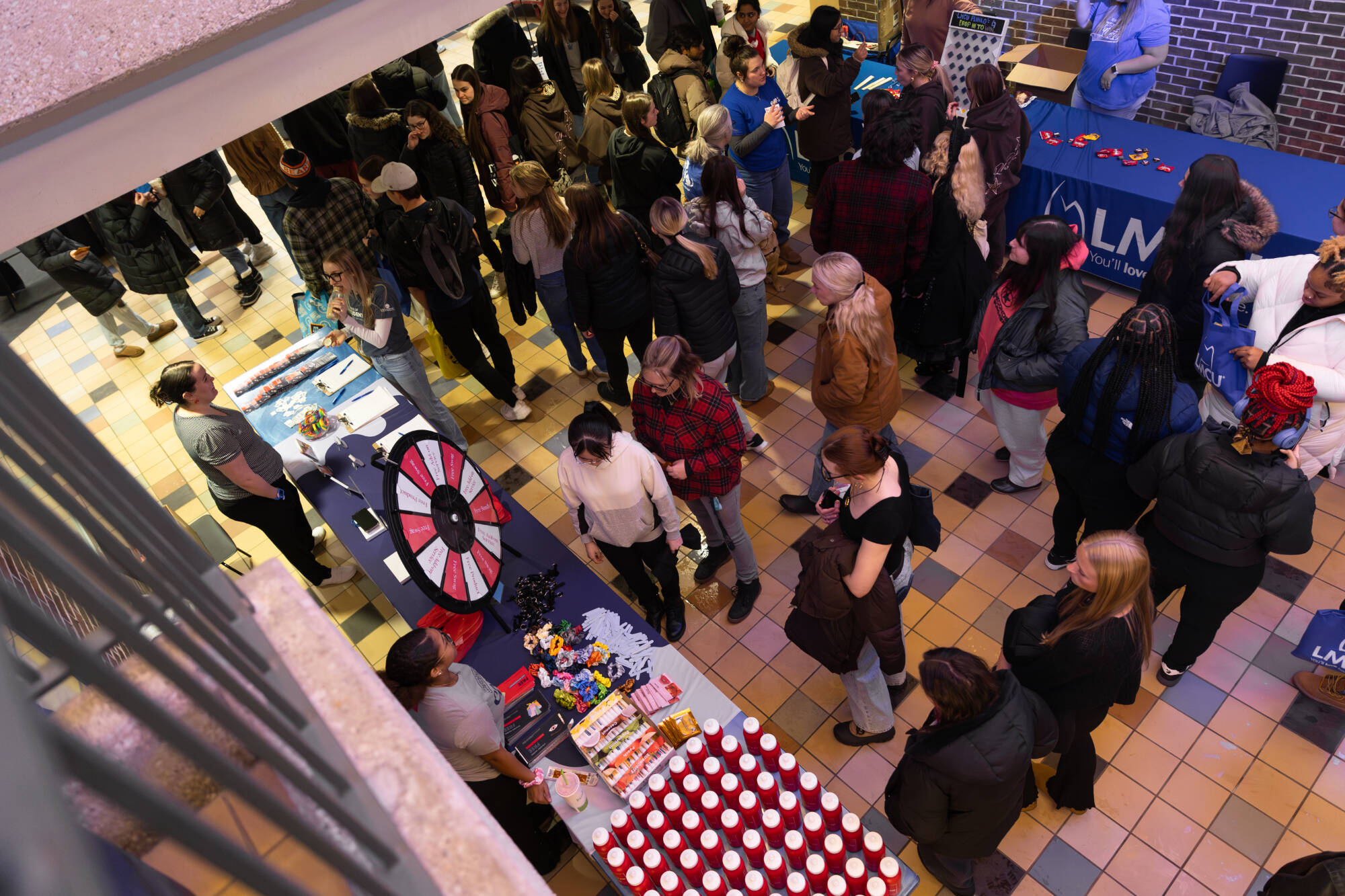 overhead shot of the Kirkhof Lobby with lots of people walking through